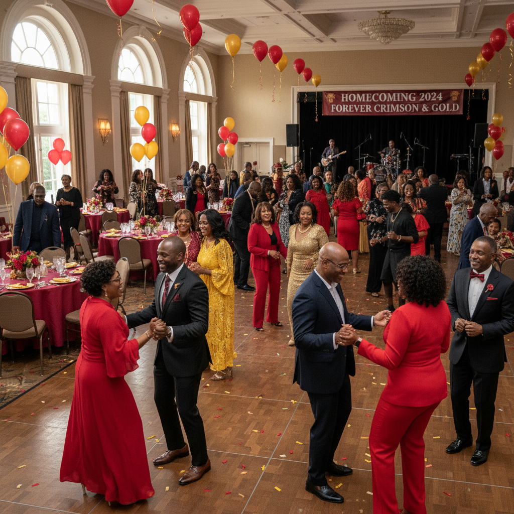 A vibrant HBCU Homecoming party scene with African American alumni laughing and dancing in a beautifully decorated hall. School colors of crimson and gold are prominent in the balloons and table settings, with guests wearing stylish outfits. Shot on Canon EOS R5, 35mm lens, natural lighting, editorial photography.