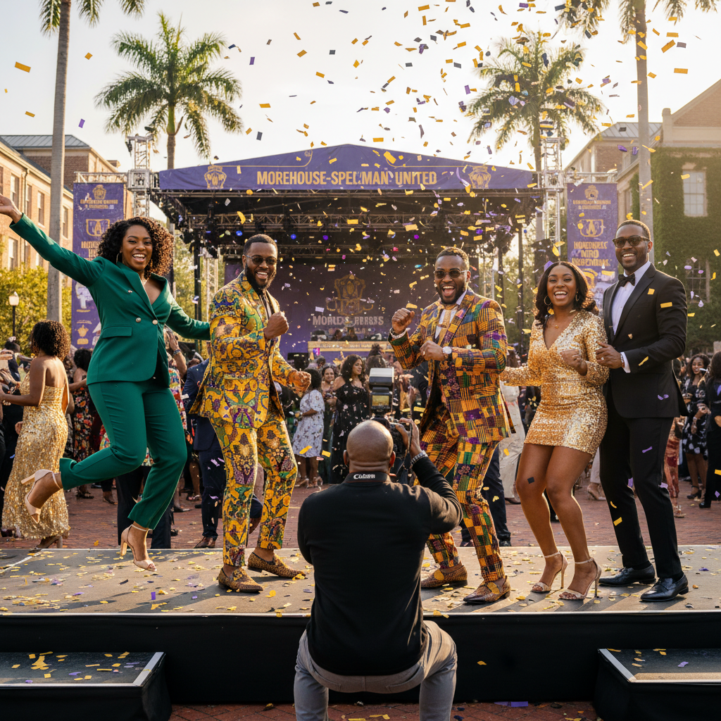 A lively group of African American alumni posing dynamically for a photo at an HBCU Homecoming party, dressed in stylish outfits. Confetti is gently falling, and a professional photographer is capturing the moment. Shot on Canon EOS R5, 35mm lens, natural lighting, editorial photography.