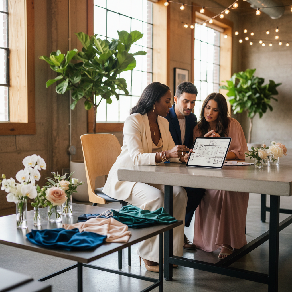 A stylish African American event planner, mid-30s, reviewing a tablet with a client couple in a chic, modern event space. They are discussing floor plans and decor options, with samples of fabric and floral arrangements on a nearby table. Shot on Canon EOS R5, 35mm lens, natural lighting, editorial photography.