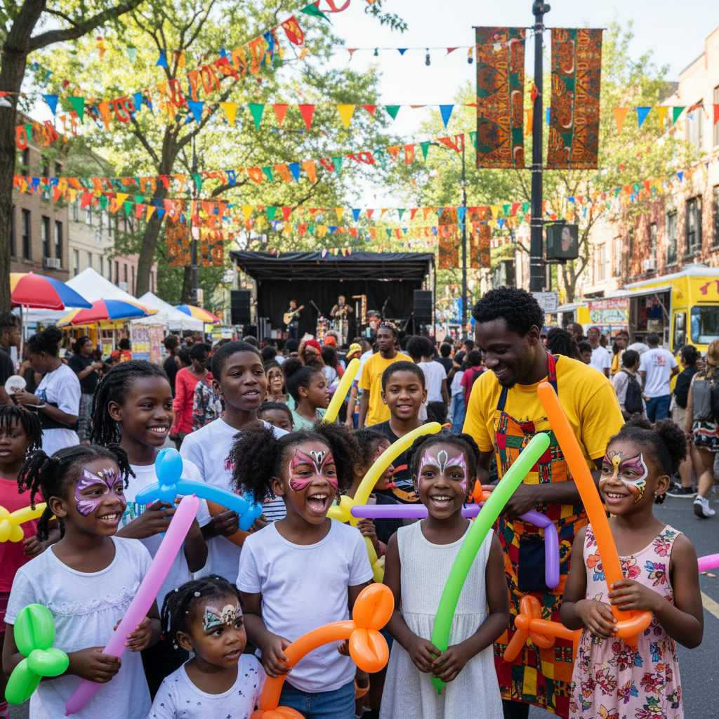 A diverse group of joyful African American children at a vibrant outdoor festival in Harlem, some with intricate face paint designs (superheroes, butterflies), others holding colorful balloon animals. A Black balloon artist in the background interacts with a child, surrounded by bright decorations and music. Shot on Canon EOS R5, 35mm lens, natural lighting, editorial photography.