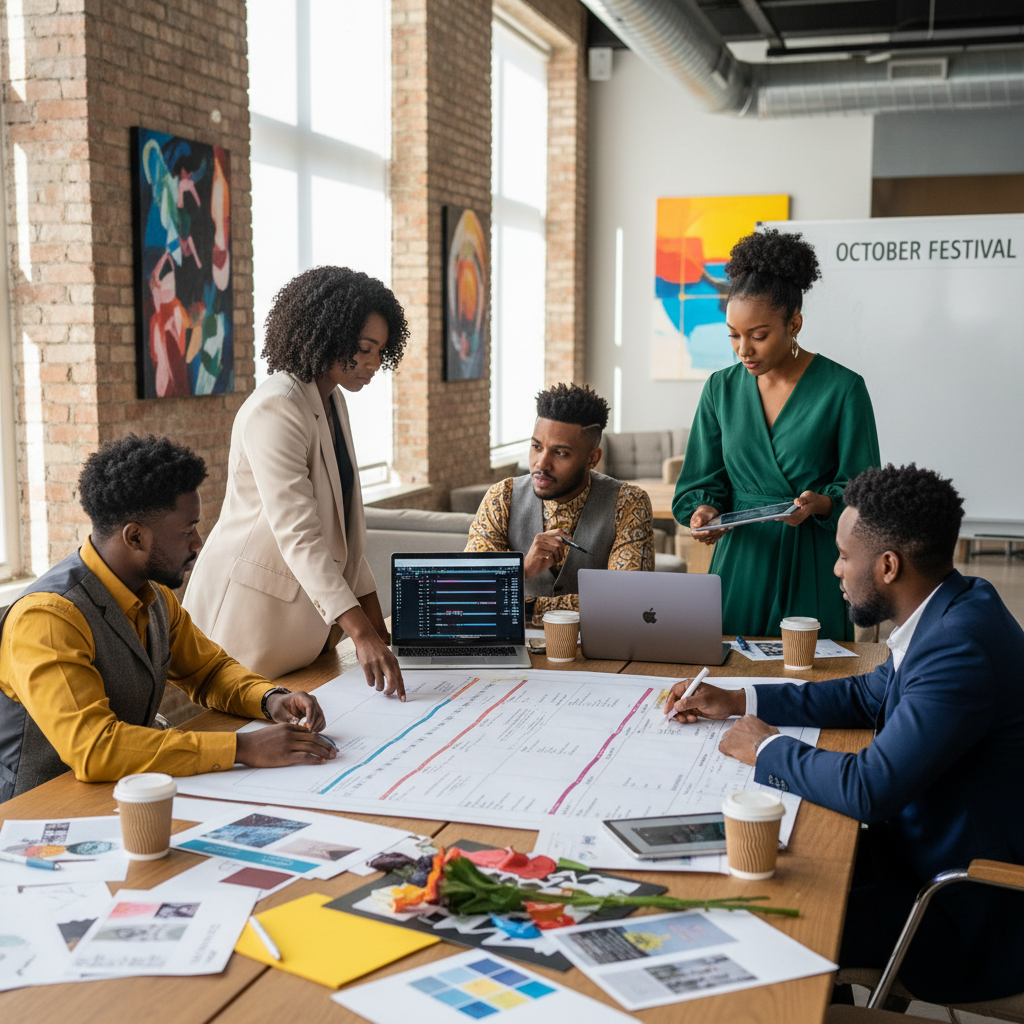 A diverse team of African American event planners and vendors, including a caterer, a DJ, and a florist, gathered around a large table, reviewing a detailed event timeline and pointing at specific sections. They are dressed professionally, in a well-lit event space, with mood boards and laptops open. Shot on Canon EOS R5, 35mm lens, natural lighting, editorial photography.
