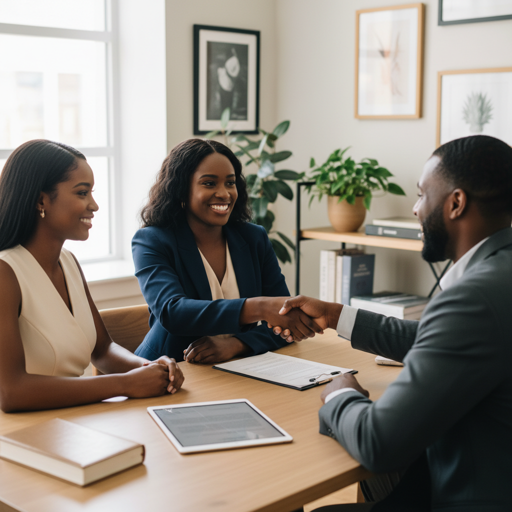 A Black female event planner, dressed professionally, is smiling and shaking hands with a Black couple who are clients. They are seated at a clean, modern desk in a well-lit office, reviewing a contract on a tablet. Shot on Canon EOS R5, 35mm lens, natural lighting, editorial photography.