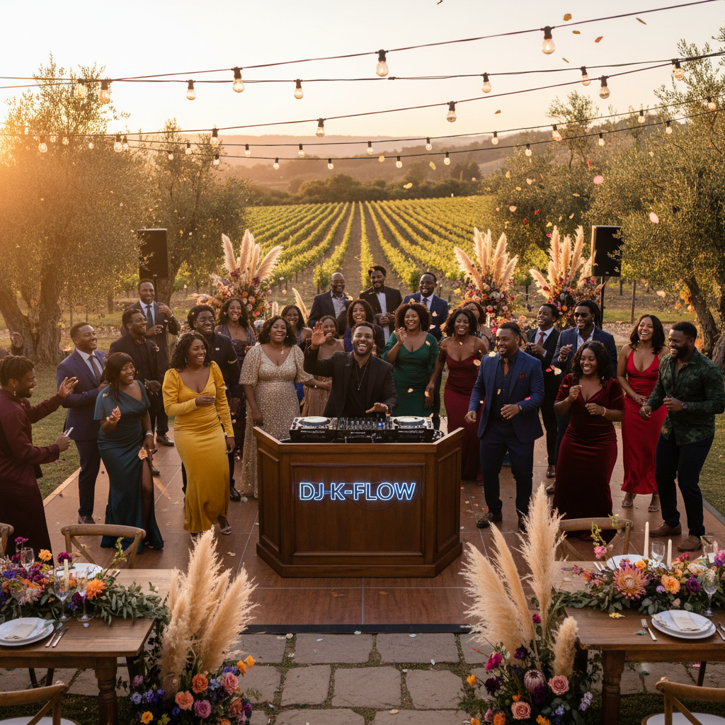 A vibrant outdoor wedding reception with joyful Black guests dancing to music provided by a Black DJ. The DJ is smiling, interacting with the crowd, and the lighting creates a warm, festive atmosphere. Shot on Canon EOS R5, 35mm lens, natural lighting, editorial photography.