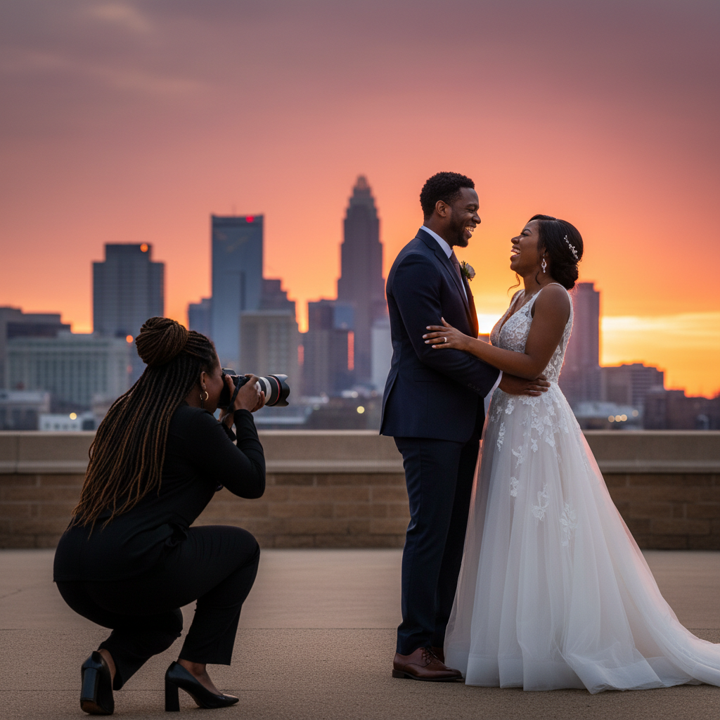 A joyful African American couple laughs candidly as their wedding photographer, a Black woman with dreadlocks, captures their portrait against the backdrop of Charlotte's skyline at sunset. The groom wears a sharp suit, and the bride a stunning white gown. Shot on Canon EOS R5, 35mm lens, natural lighting, editorial photography.