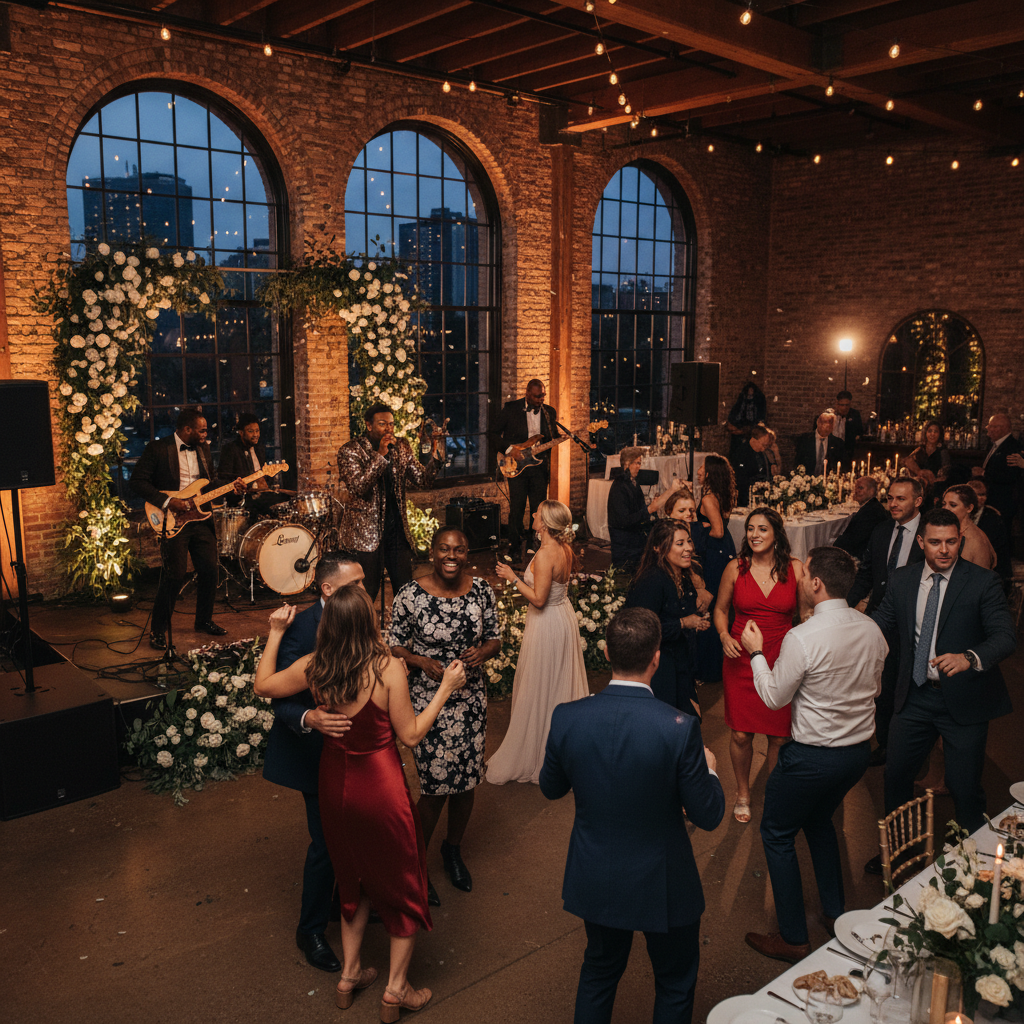 A lively scene with a Black live band performing at a stylish wedding reception in a Brooklyn event venue, guests dancing and cheering. Shot on Canon EOS R5, 35mm lens, natural lighting, editorial photography.
