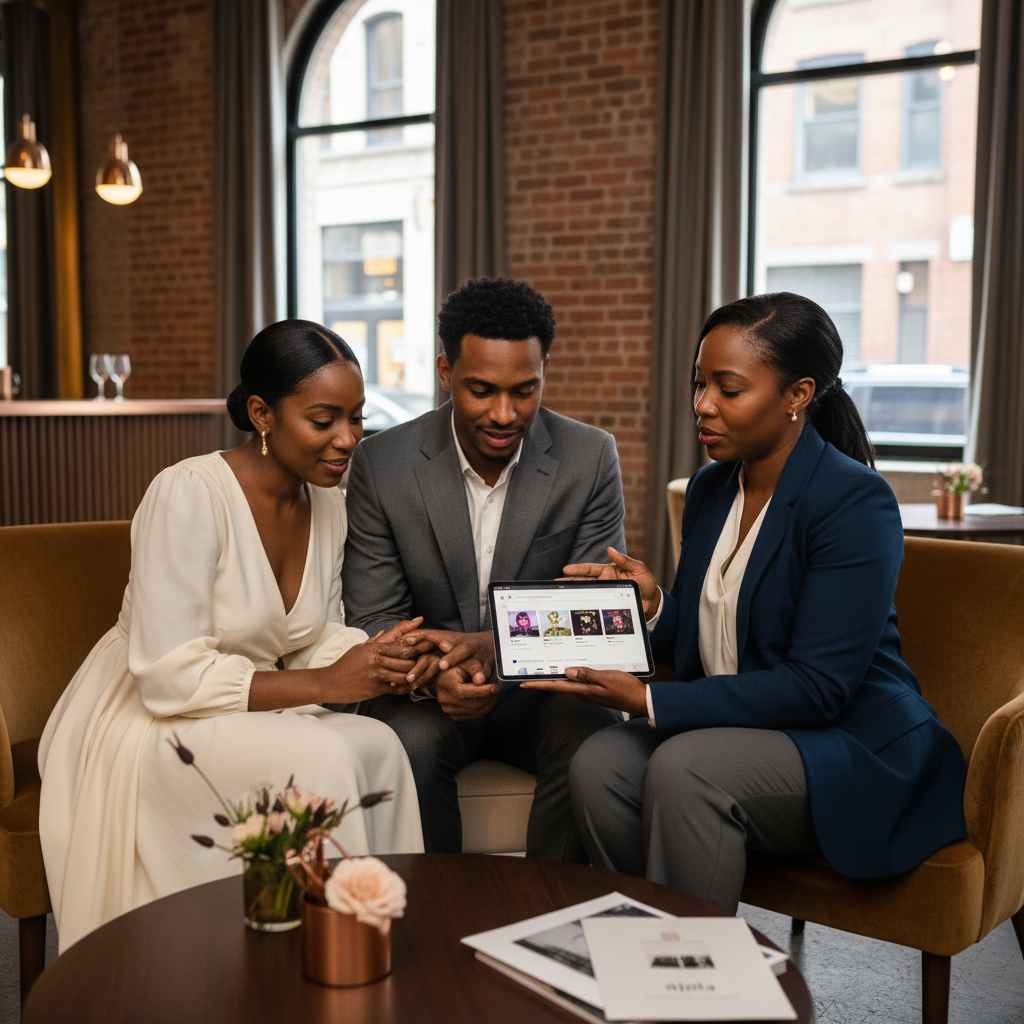A Black event planner consulting with a Black couple at a chic New York venue, showing them options for music on a tablet, perhaps browsing Ajola, with a thoughtful and engaged expression. Shot on Canon EOS R5, 35mm lens, natural lighting, editorial photography.