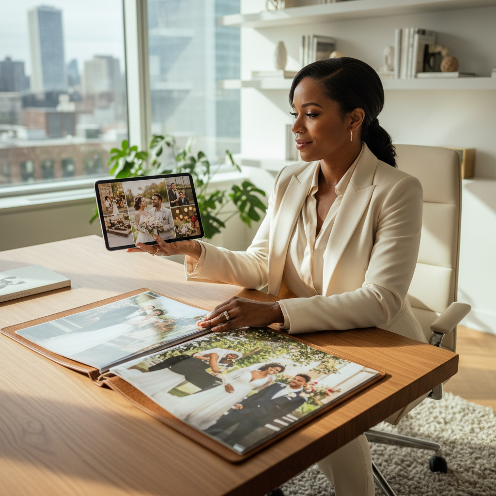 A Black event planner, dressed professionally, is reviewing a portfolio of wedding photos and watching a highlight reel on a tablet, looking thoughtful and impressed in a modern office space.