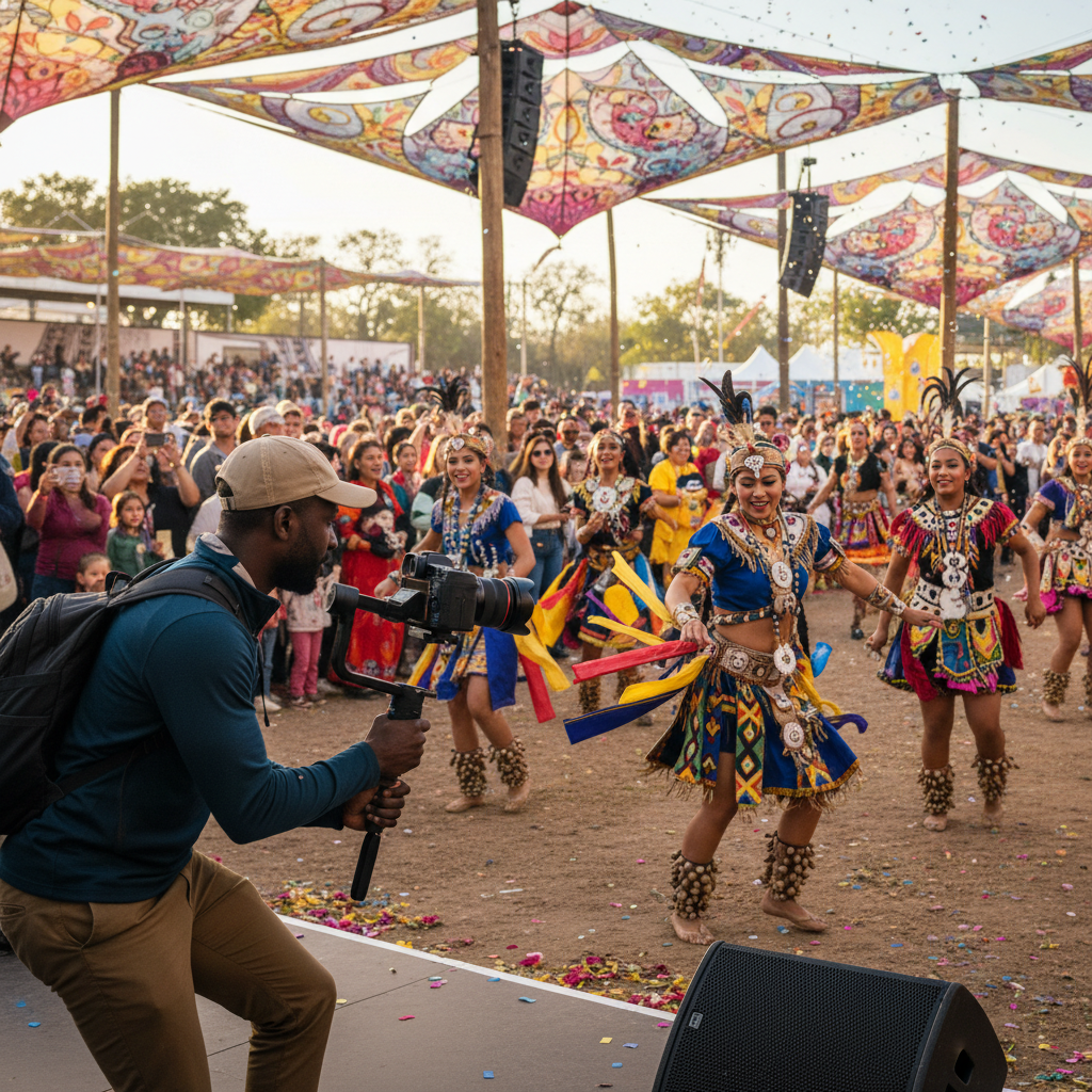 A skilled Black videographer is expertly filming a vibrant cultural dance performance at an outdoor festival, capturing the intricate movements and joyful expressions with a professional camera rig, surrounded by an appreciative crowd.
