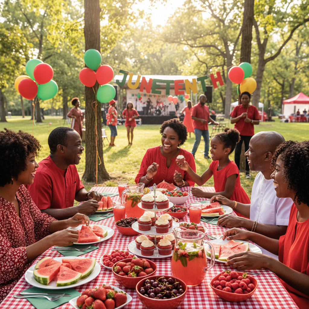 A vibrant outdoor Juneteenth celebration with an African American family gathered around a beautifully set table laden with red foods like watermelon, strawberry lemonade, and red velvet cupcakes. Shot on Canon EOS R5, 35mm lens, natural lighting, editorial photography.