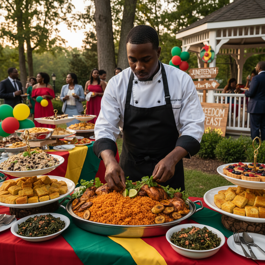 A professional African American caterer, wearing a chef's jacket, meticulously garnishing a platter of jollof rice and grilled plantains at an elegant outdoor Juneteenth buffet setup. Shot on Canon EOS R5, 35mm lens, natural lighting, editorial photography.