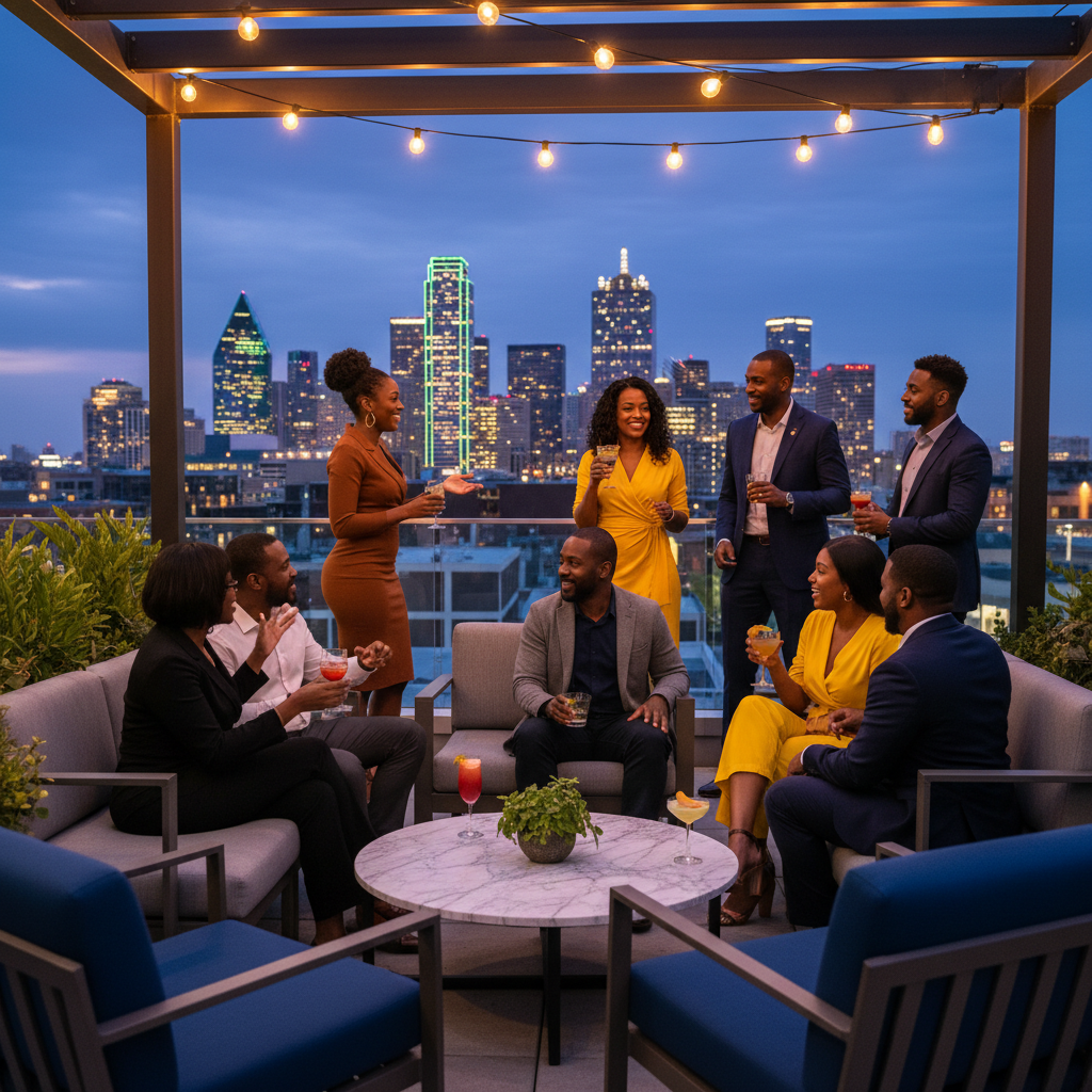 A vibrant, intimate rooftop gathering in Dallas at dusk, featuring well-dressed African American guests enjoying cocktails and conversation, with the illuminated city skyline in the background. The decor includes warm string lights and modern lounge furniture.