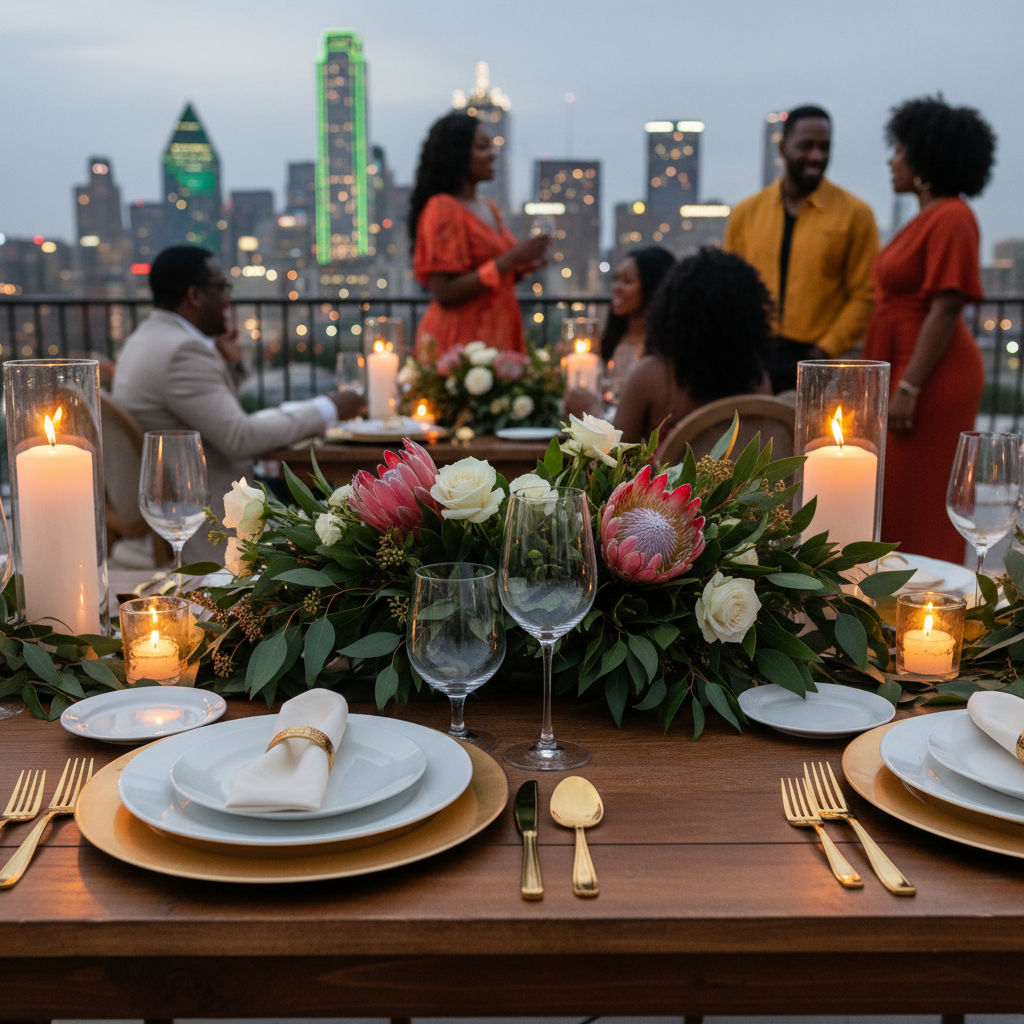 A detailed close-up of an elegant place setting on a beautifully decorated table at a Dallas rooftop venue, featuring modern tableware, a floral centerpiece with proteas and eucalyptus, and soft candlelight, with a blurred city background.