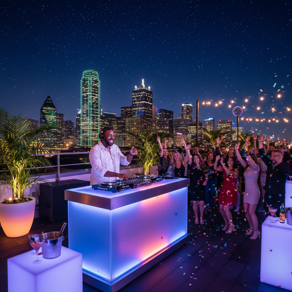 An African American DJ playing a vibrant set on a modern rooftop bar in Dallas, with guests dancing and enjoying the music under a starlit sky. The DJ booth is sleek and well-lit.