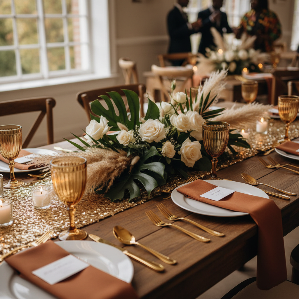 An elegant Afro-Caribbean wedding reception table set with a gold sequined runner, terracotta linen napkins, and a centerpiece featuring dried pampas grass, white roses, and tropical leaves. Gold flatware and amber-toned glassware complete the setting, with soft, warm lighting illuminating the scene.