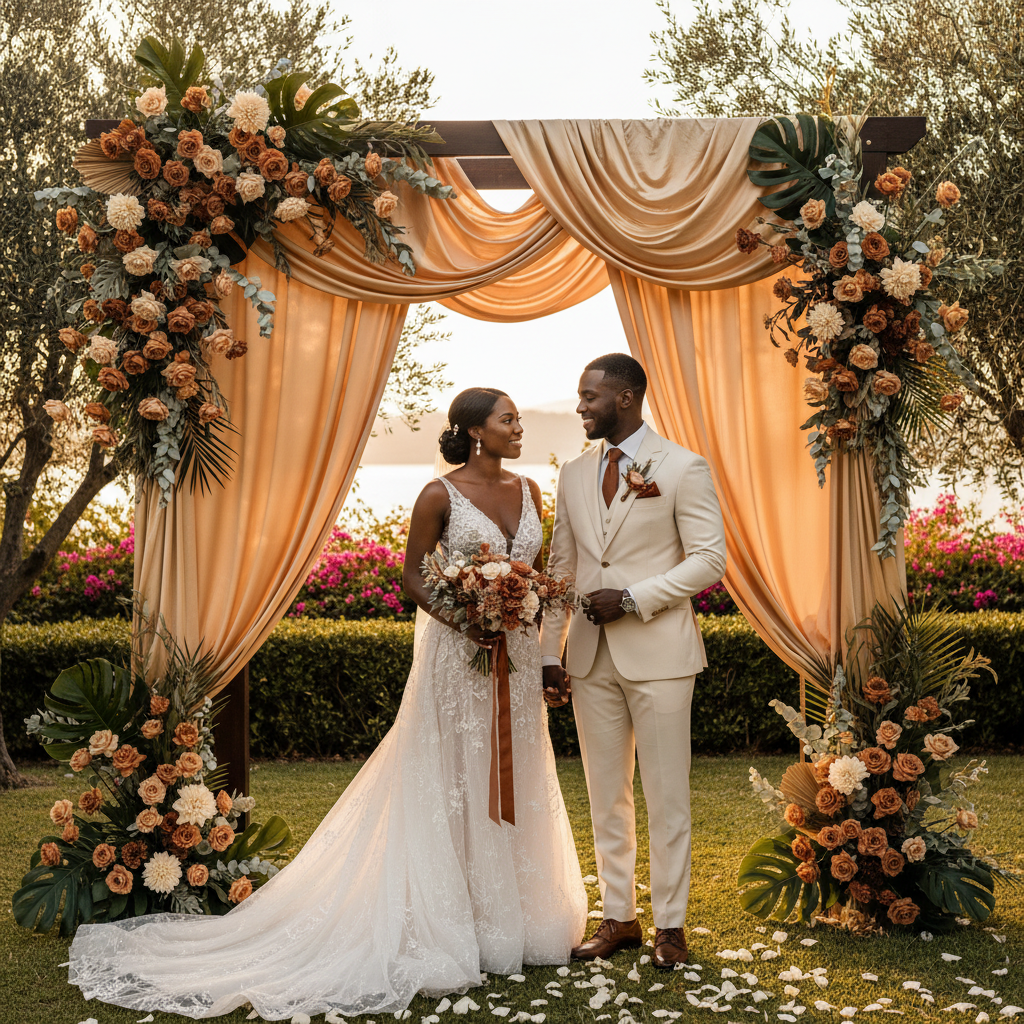 A Black couple, dressed in elegant wedding attire, stands under a beautifully decorated archway at an outdoor wedding. The arch is adorned with rich gold fabric, terracotta and sage green floral arrangements, and tropical leaves, bathed in natural sunlight.