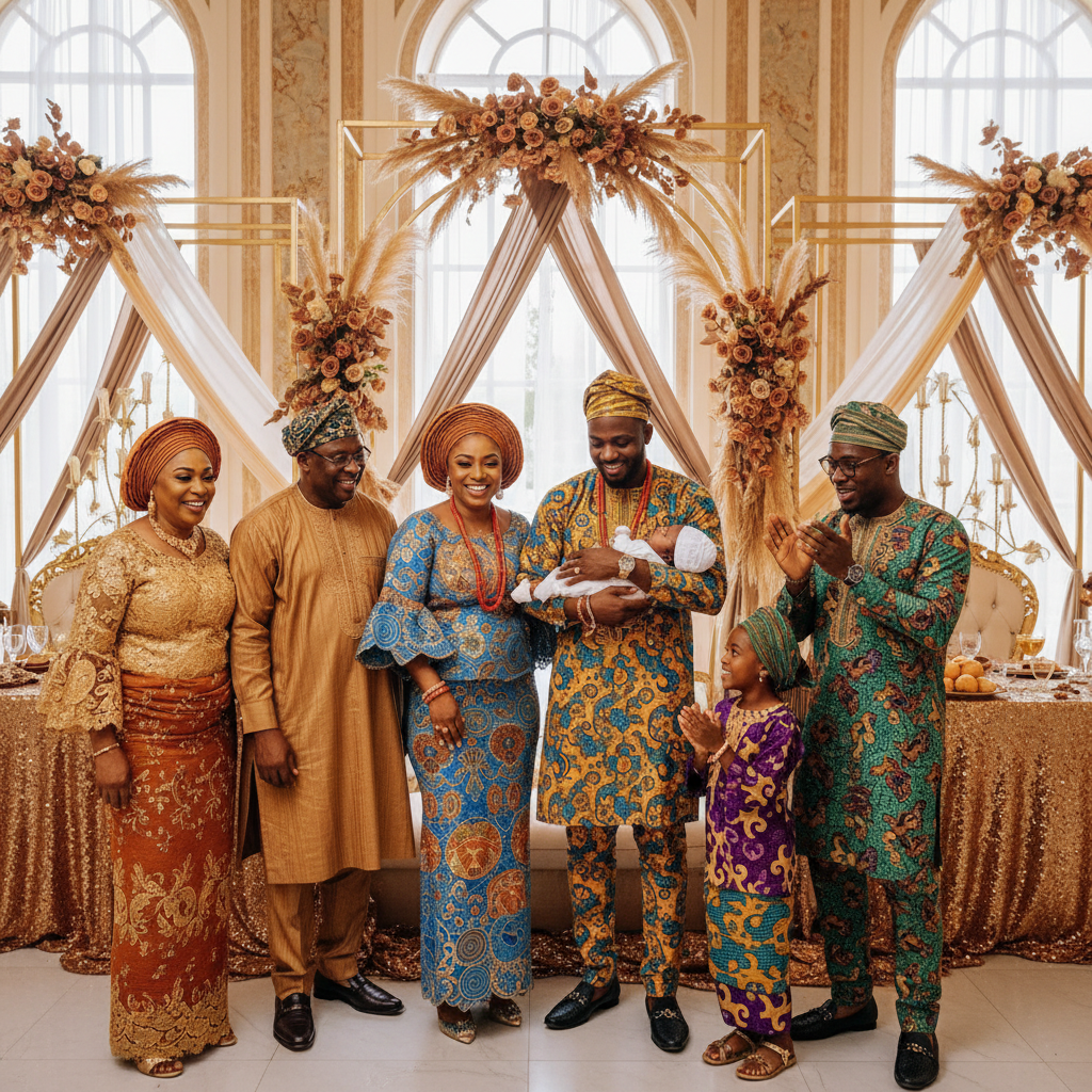 A joyful African American family, dressed in vibrant traditional Nigerian attire (aso-ebi), standing together at a beautifully decorated event space. The parents are cradling their newborn, surrounded by smiling grandparents and other family members, with intricate gold and earth-tone decorations in the background.