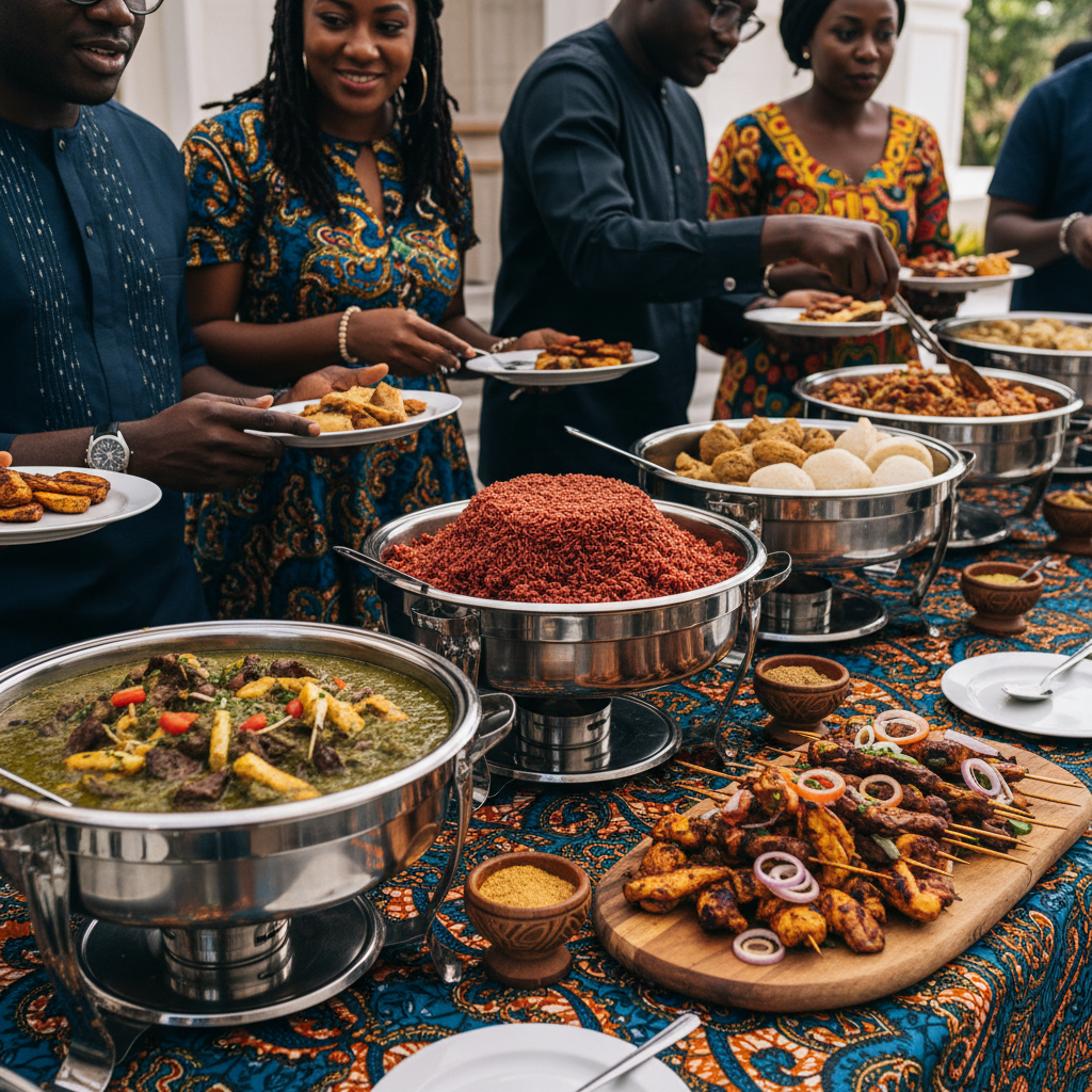 A close-up shot of a beautifully arranged buffet table laden with authentic Nigerian dishes: glistening Jollof rice, golden fried plantains, rich Egusi soup, and various grilled meats, all served in elegant chafing dishes with traditional African fabric accents.