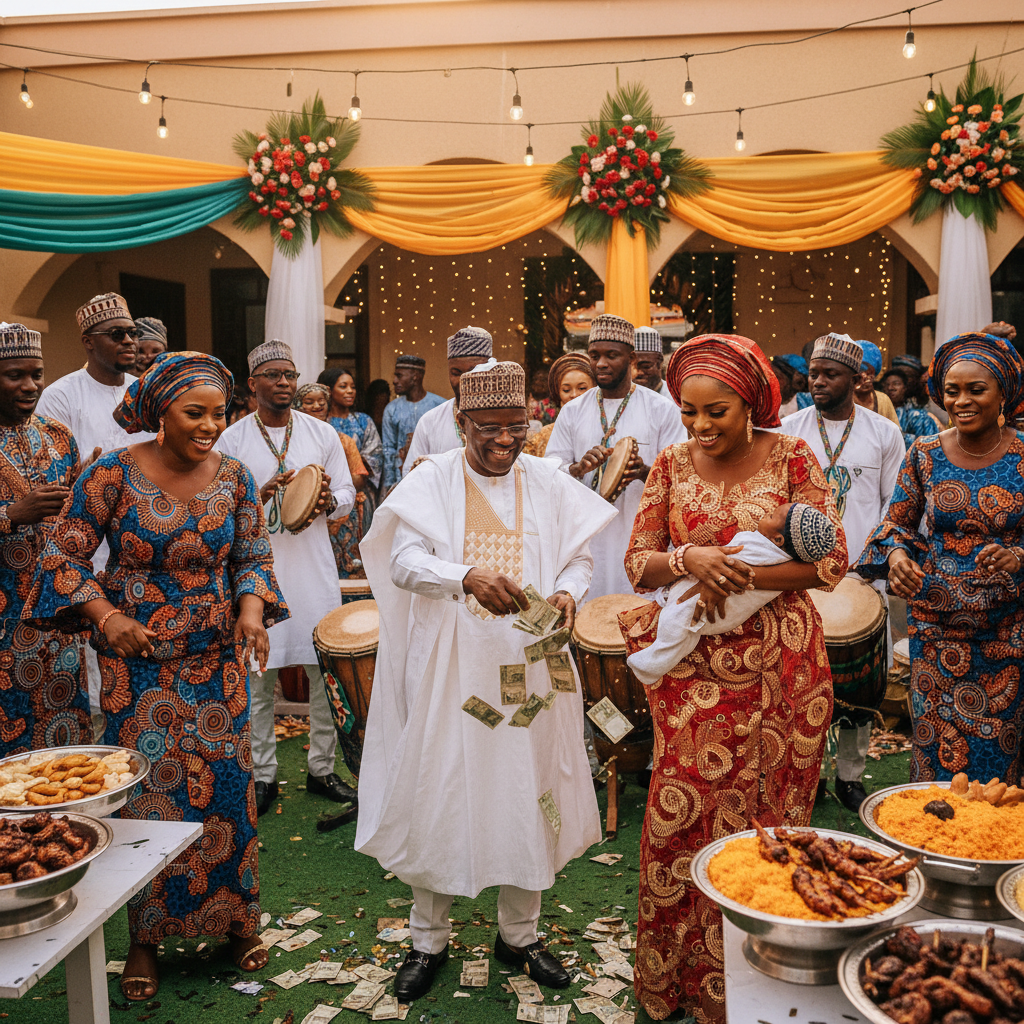 A vibrant Nigerian naming ceremony in full swing, featuring Black guests in colorful aso-ebi dancing joyfully. An elder gracefully sprays money (naira notes) on a jubilant mother holding her baby, while a live band plays traditional music in the background, all bathed in warm, festive lighting.