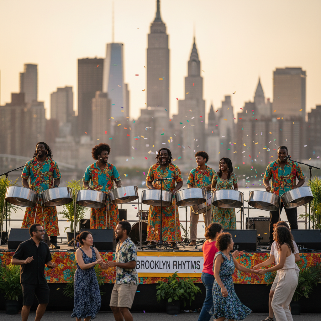 A lively Black steel pan band performing on an outdoor stage in Brooklyn, New York, with the city skyline subtly in the background. Band members are smiling, dressed in vibrant Caribbean-inspired attire, playing their instruments with passion as guests dance in front of them. Shot on Canon EOS R5, 35mm lens, natural lighting, editorial photography.
