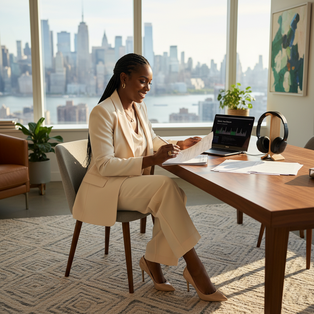 A Black event planner in a chic, professional outfit, smiling as she reviews contracts and listens to a steel pan band's demo reel on a laptop in a modern New York office space. Sunlight streams through a large window overlooking the city. Shot on Canon EOS R5, 35mm lens, natural lighting, editorial photography.