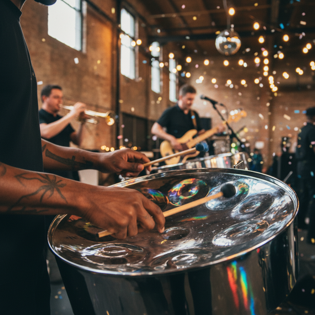 A close-up shot of a Black musician's hands skillfully playing a tenor steel pan drum, reflecting vibrant stage lights. The background is blurred, showing other band members and a festive, dimly lit event space in New York. Shot on Canon EOS R5, 35mm lens, natural lighting, editorial photography.