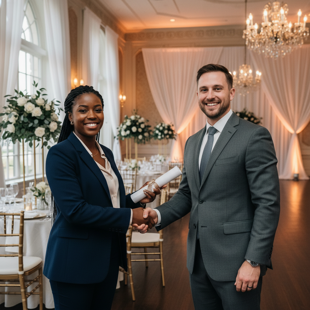An African American event planner, dressed professionally, shaking hands with a venue manager in a beautifully decorated event space, both smiling and holding a document. Shot on Canon EOS R5, 35mm lens, natural lighting, editorial photography.