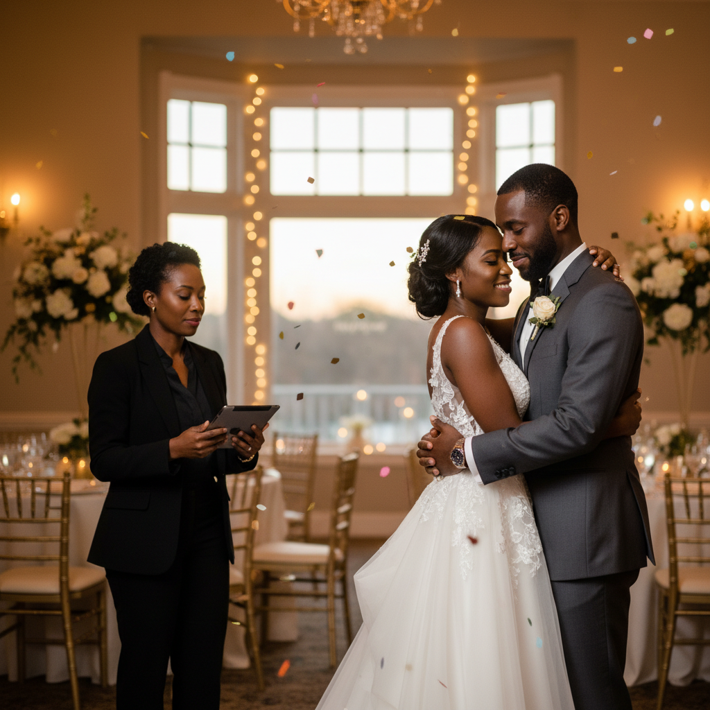 A Black couple in elegant attire, looking relieved and happy, embracing at their wedding reception while their wedding planner, an African American woman, discreetly handles a tablet in the background, ensuring everything runs smoothly. Shot on Canon EOS R5, 35mm lens, natural lighting, editorial photography.