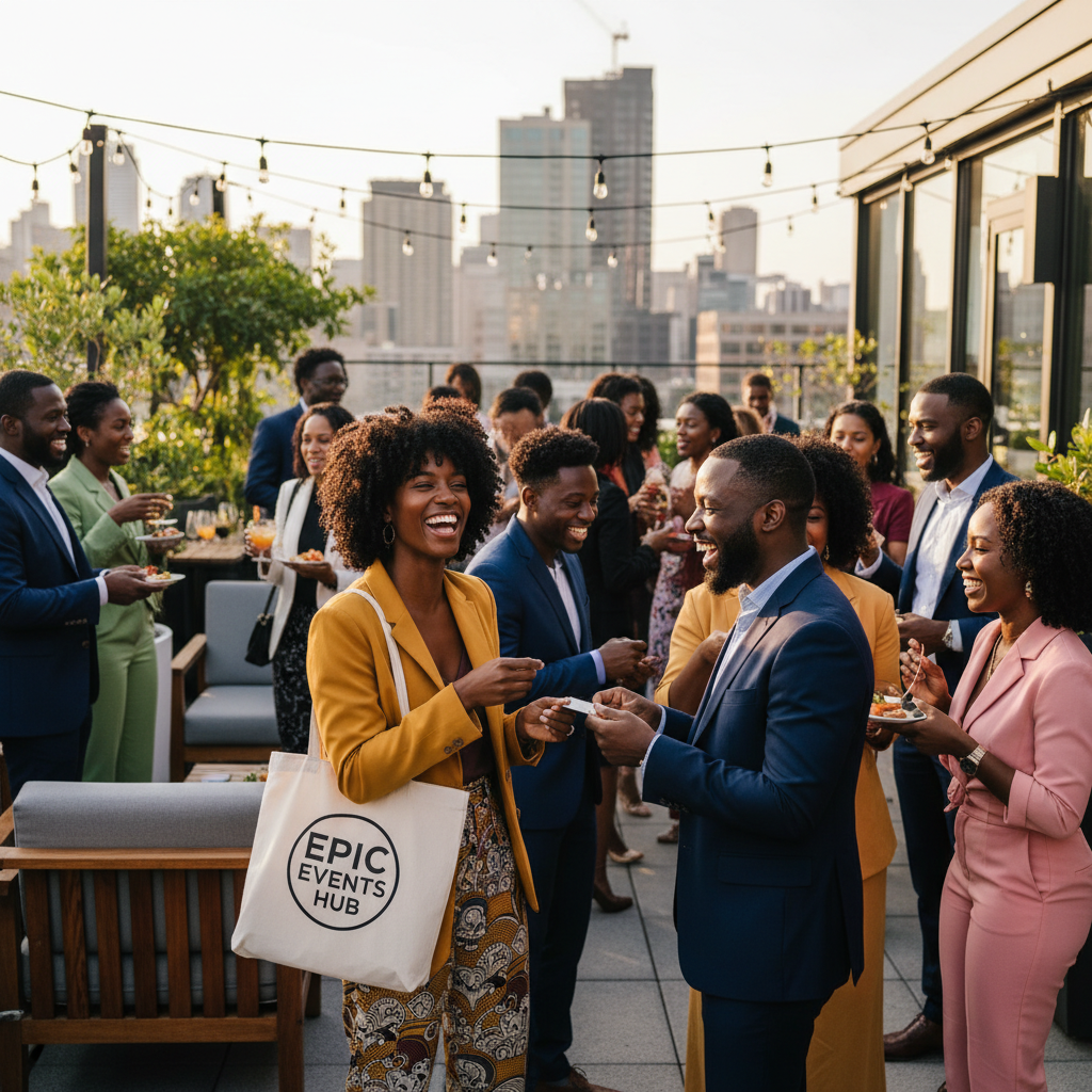 A vibrant outdoor networking event for African American event professionals, diverse group laughing and exchanging business cards, a Black woman in a stylish blazer holding a branded tote bag, shot on Canon EOS R5, 35mm lens, natural lighting, editorial photography.