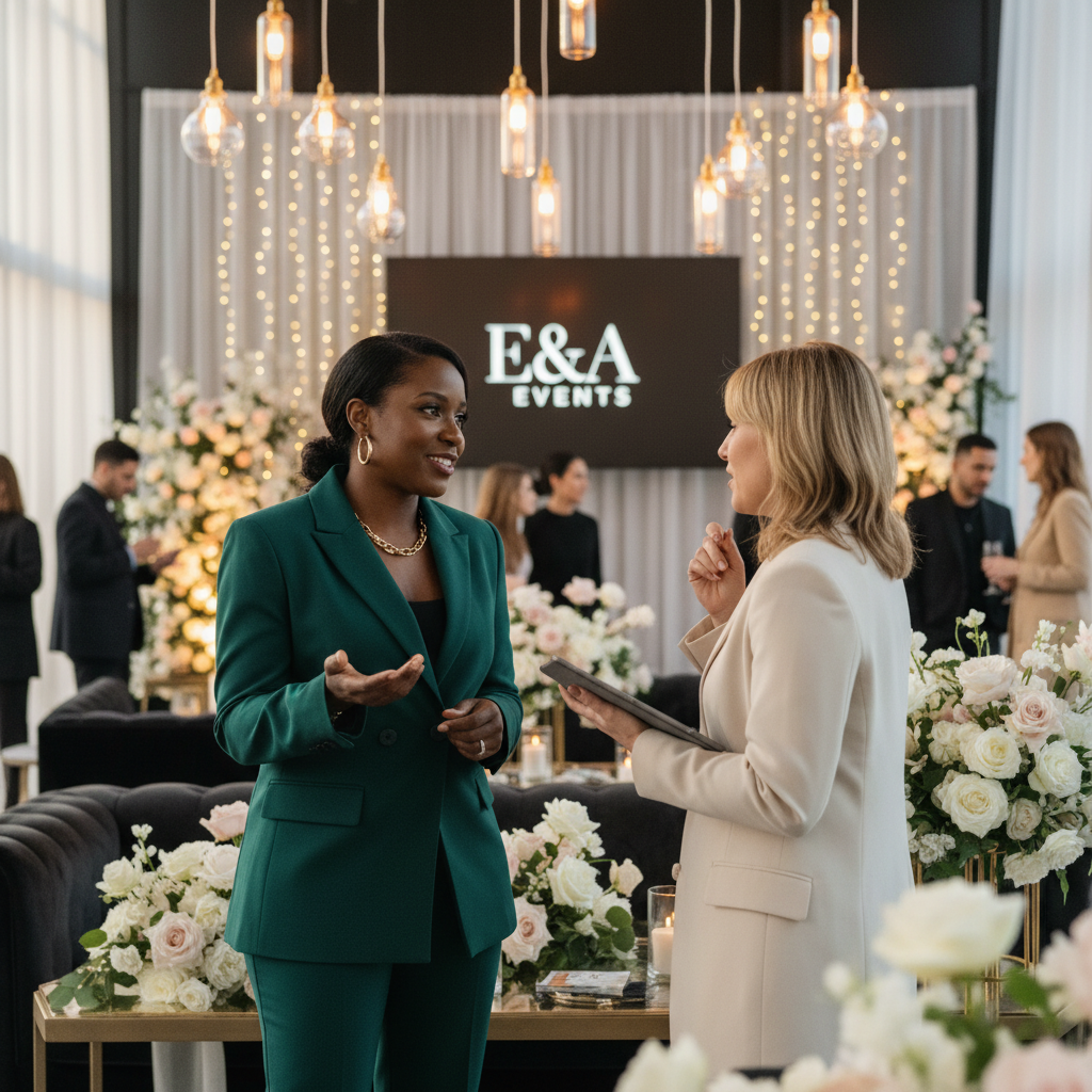 A Black event planner, mid-30s, smiling confidently while engaging with a potential client at a stylish indoor event, soft ambient lighting, shot on Canon EOS R5, 35mm lens, natural lighting, editorial photography.