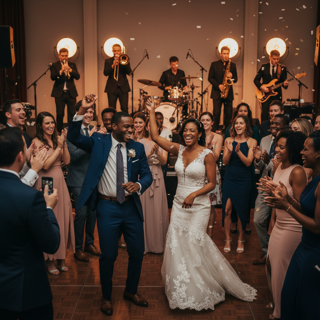 A lively African American couple in wedding attire dancing joyfully in the center of a crowded dance floor, surrounded by smiling guests. A talented live band with a brass section plays on a brightly lit stage in the background.