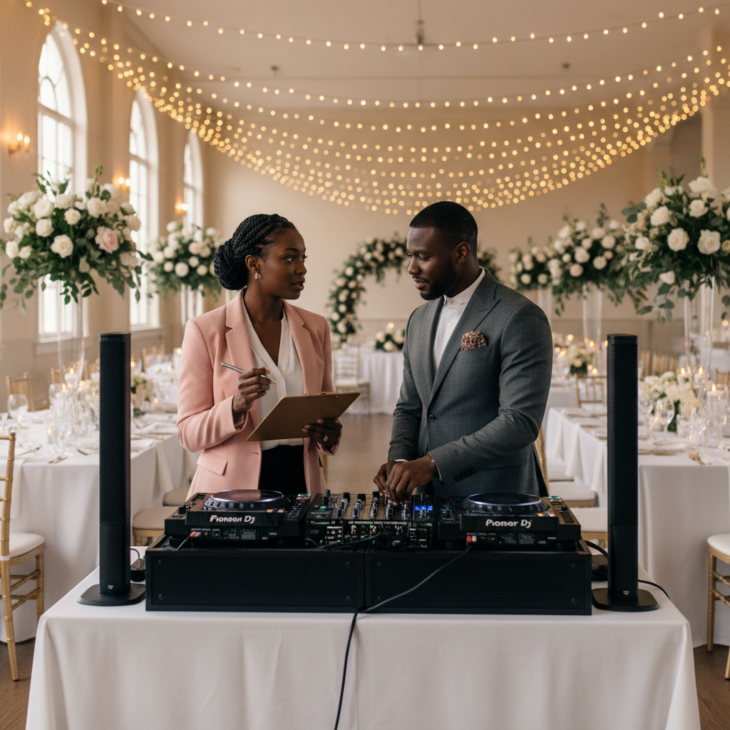A Black wedding planner, clipboard in hand, discussing logistics with a Black DJ who is setting up a sleek, modern sound system in a beautifully decorated reception hall. Warm string lights and floral arrangements adorn the background.