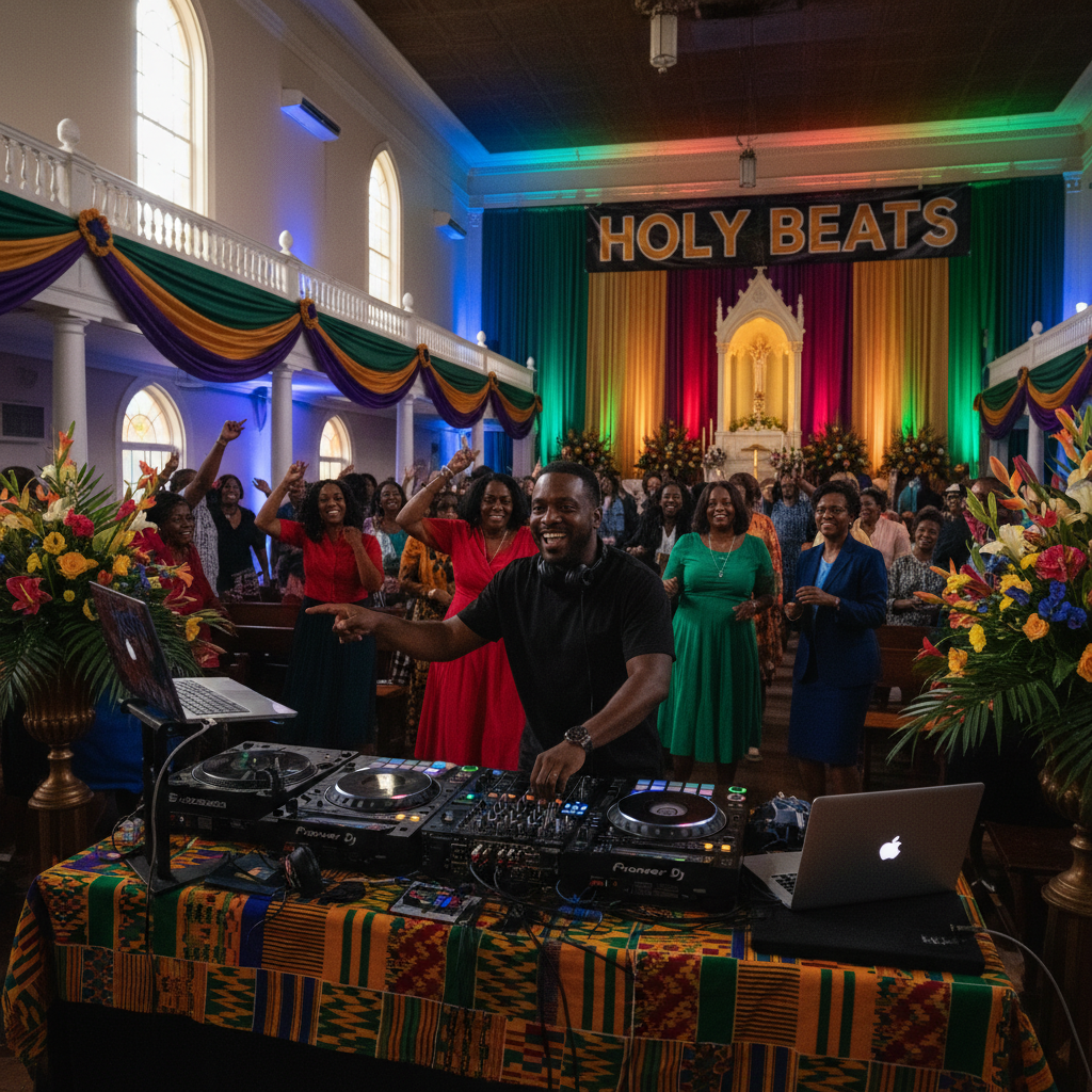 An African American gospel DJ, mid-set, joyfully engaging with a dancing congregation in a beautifully decorated New Orleans church hall, colorful uplighting, smiles all around.