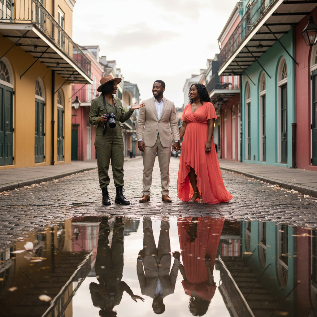 A Black female photographer, wearing stylish but practical attire, giving direction to an African American couple posing on a historic New Orleans street, with their reflection visible in a puddle after a light rain. Shot on Canon EOS R5, 35mm lens, natural lighting, editorial photography.
