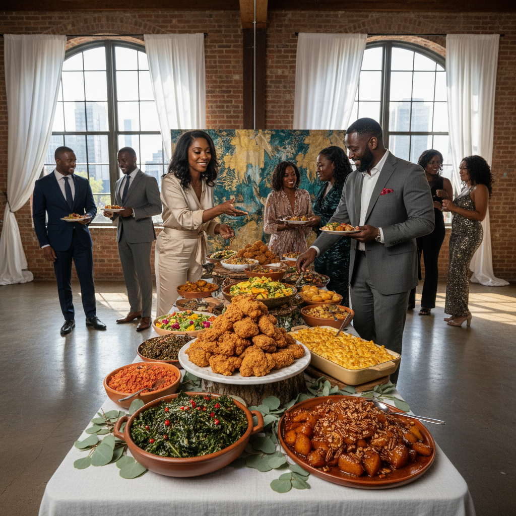 A beautifully arranged buffet spread of vibrant vegan soul food dishes, including golden-brown plant-based fried 'chicken', creamy cashew mac and cheese, smoky collard greens, and candied yams, set against an elegant event backdrop in a New York City loft.