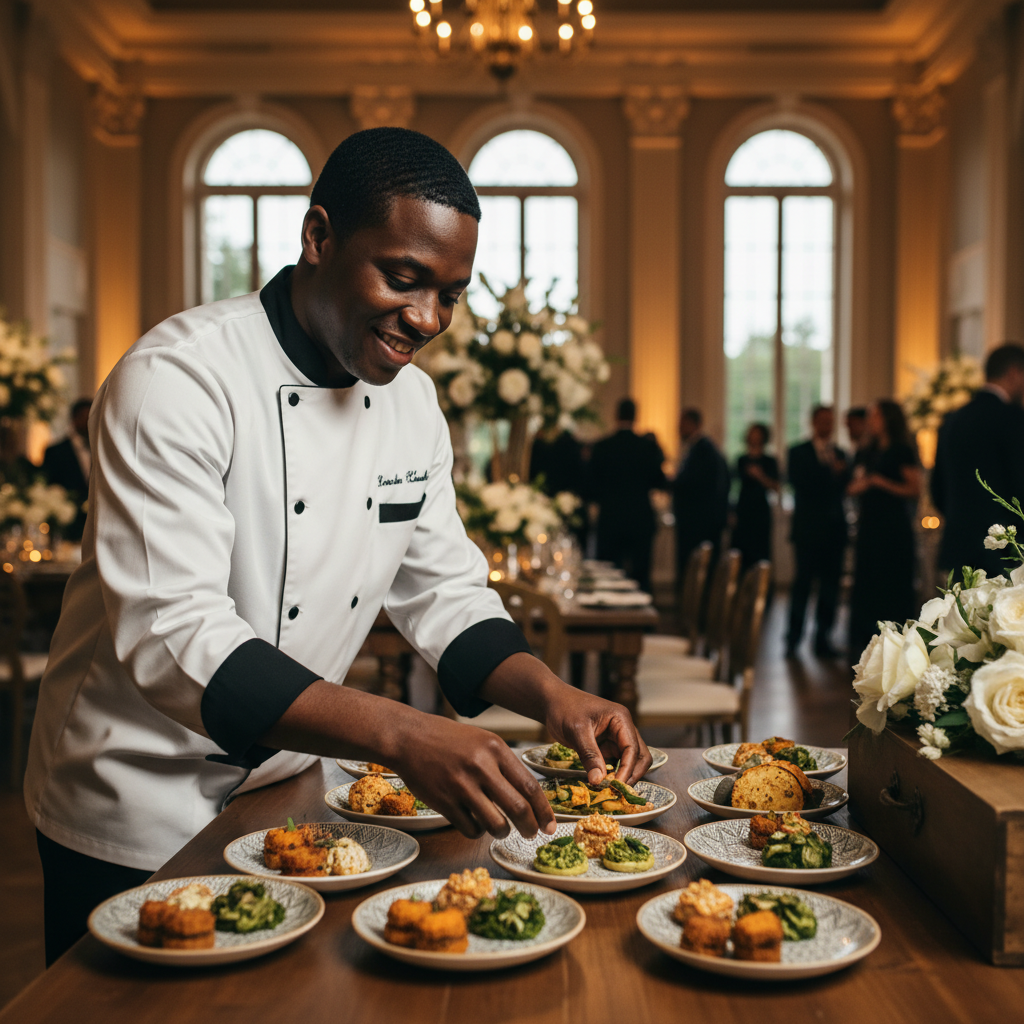 A professional African American caterer, dressed in a crisp chef's jacket, smiling warmly as they artfully arrange small plates of vegan soul food appetizers on a display table at an elegant event venue.