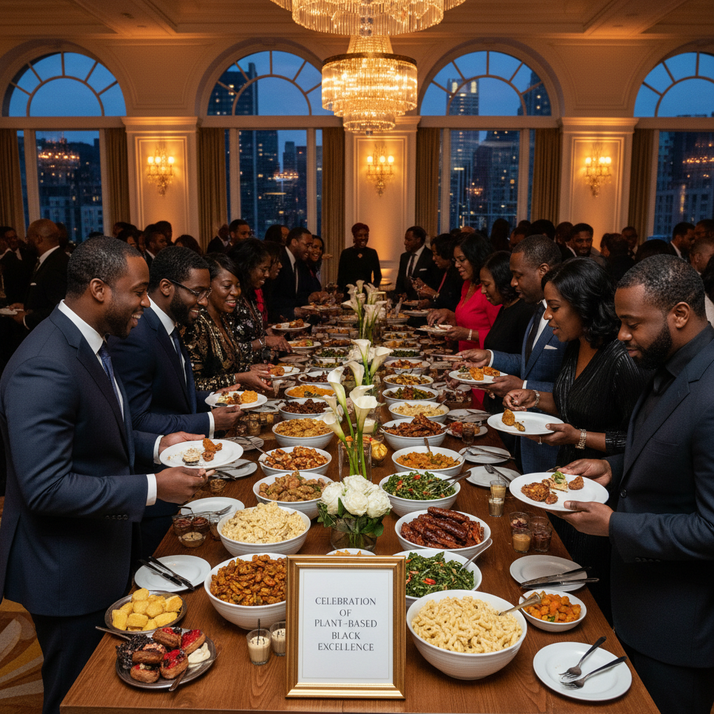 A lively scene at an elegant event in a New York City venue, where diverse African American guests are gathered around a beautifully presented vegan soul food buffet, laughing and filling their plates.