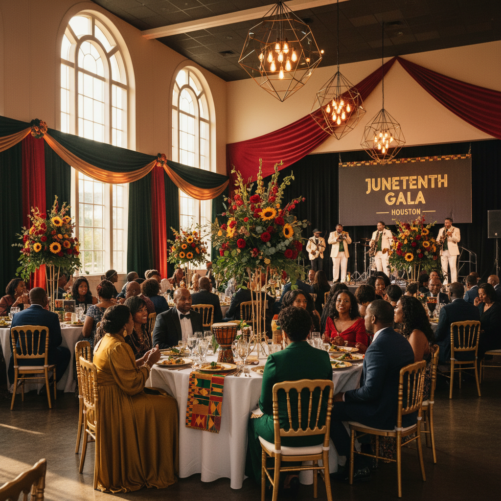 An elegant Juneteenth gala inside a beautifully decorated modern event hall in Houston, with Black guests dressed in formal attire, enjoying a catered meal and vibrant cultural decor. Shot on Canon EOS R5, 35mm lens, natural lighting, editorial photography.