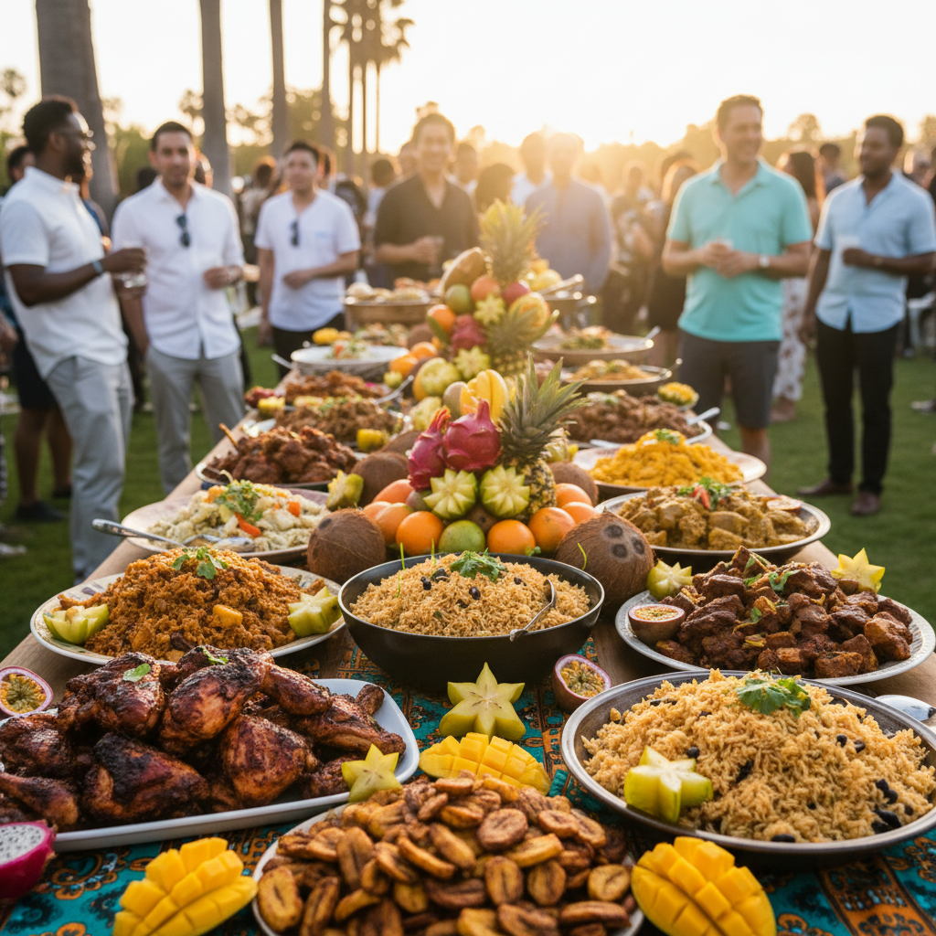 A vibrant buffet table laden with colorful Afro-Caribbean dishes like jerk chicken, rice and peas, and plantains, with tropical fruit garnishes, served at an outdoor Los Angeles event. Shot on Canon EOS R5, 35mm lens, natural lighting, editorial photography.