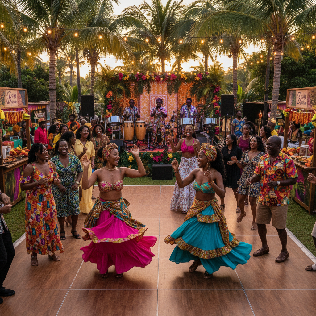 A vibrant outdoor Afro-Caribbean themed party scene at dusk, with guests laughing and dancing alongside two Black female dancers in colorful, flowing skirts and headwraps, leading a line dance. Warm string lights illuminate the festive atmosphere. Shot on Canon EOS R5, 35mm lens, natural lighting, editorial photography.
