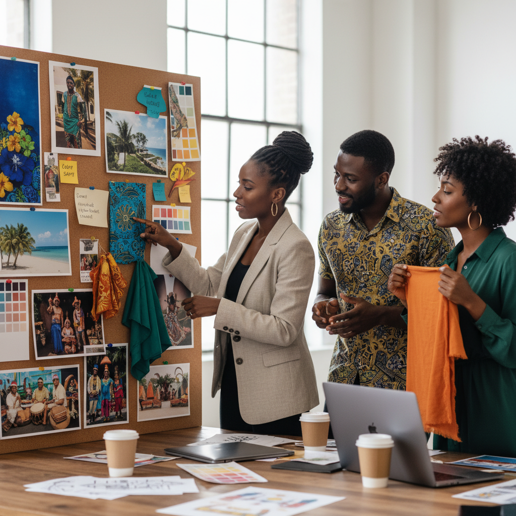 A diverse team of Black event planners, including a lead planner and two assistants, are engaged in a lively discussion around a mood board covered with fabrics, color swatches, and images for an Afro-Caribbean themed event. Their expressions are creative and collaborative. Shot on Canon EOS R5, 35mm lens, natural lighting, editorial photography.