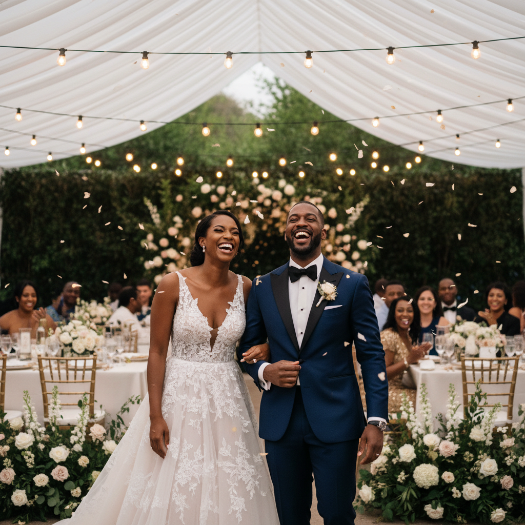 A radiant African American couple, dressed in elegant wedding attire, laughing joyfully under a beautifully decorated white tent at an outdoor wedding reception in Houston. String lights twinkle above them, and lush greenery surrounds the scene. Shot on Canon EOS R5, 35mm lens, natural lighting, editorial photography.