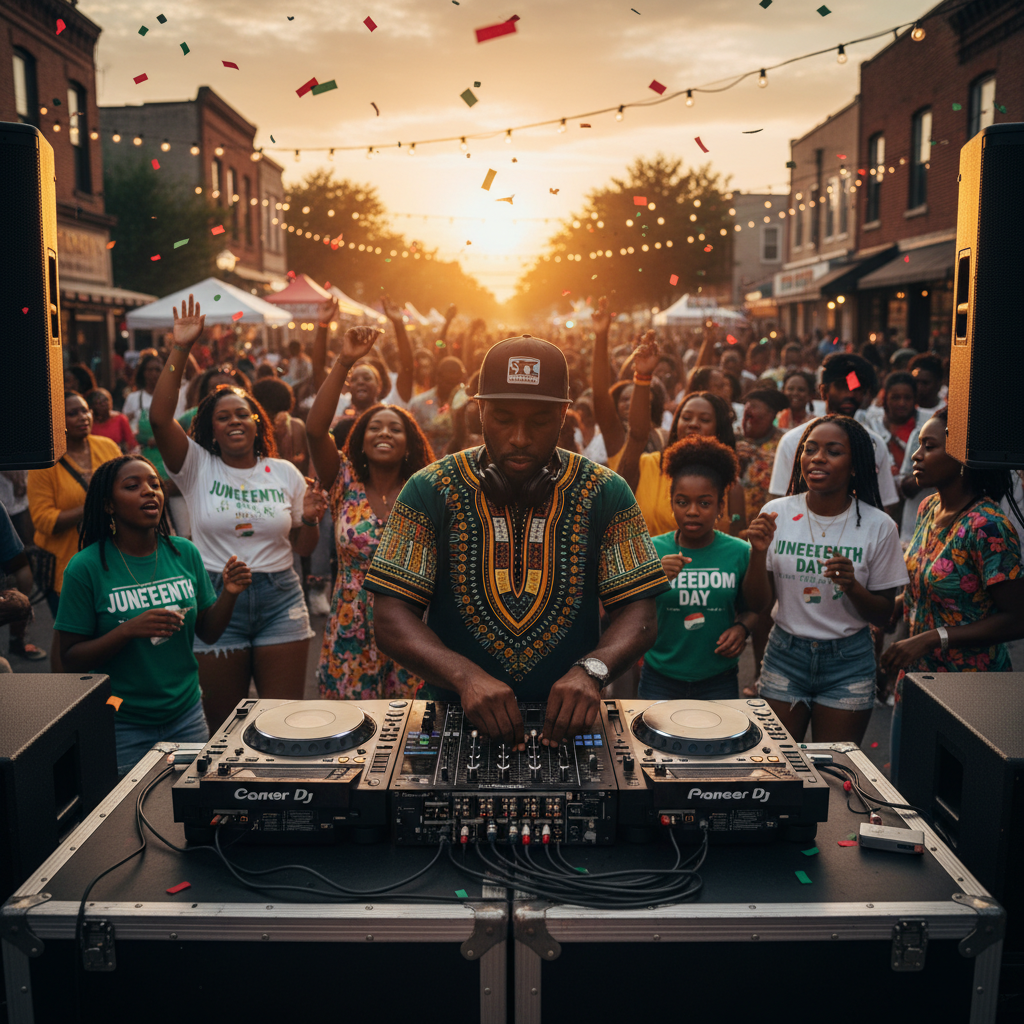 A Black DJ skillfully mixing tracks on a turntable at an outdoor Juneteenth block party, surrounded by joyful dancers. The sun is setting, casting a warm glow. shot on Canon EOS R5, 35mm lens, natural lighting, editorial photography.