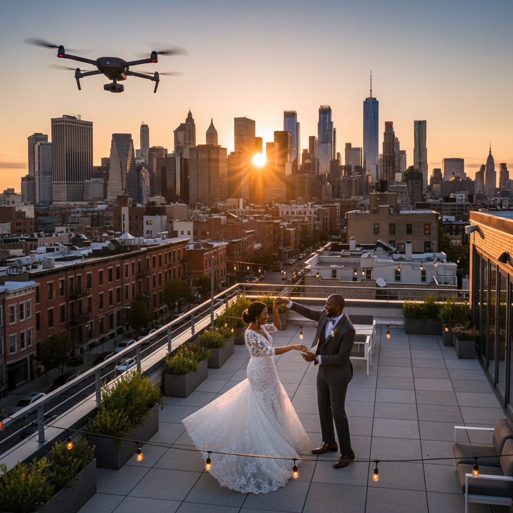 An African American couple in wedding attire dancing on a rooftop terrace in Brooklyn, New York, with the Manhattan skyline in the background, captured from a slightly elevated drone perspective at sunset. The drone is subtly visible in the corner of the frame. Shot on Canon EOS R5, 35mm lens, natural lighting, editorial photography.