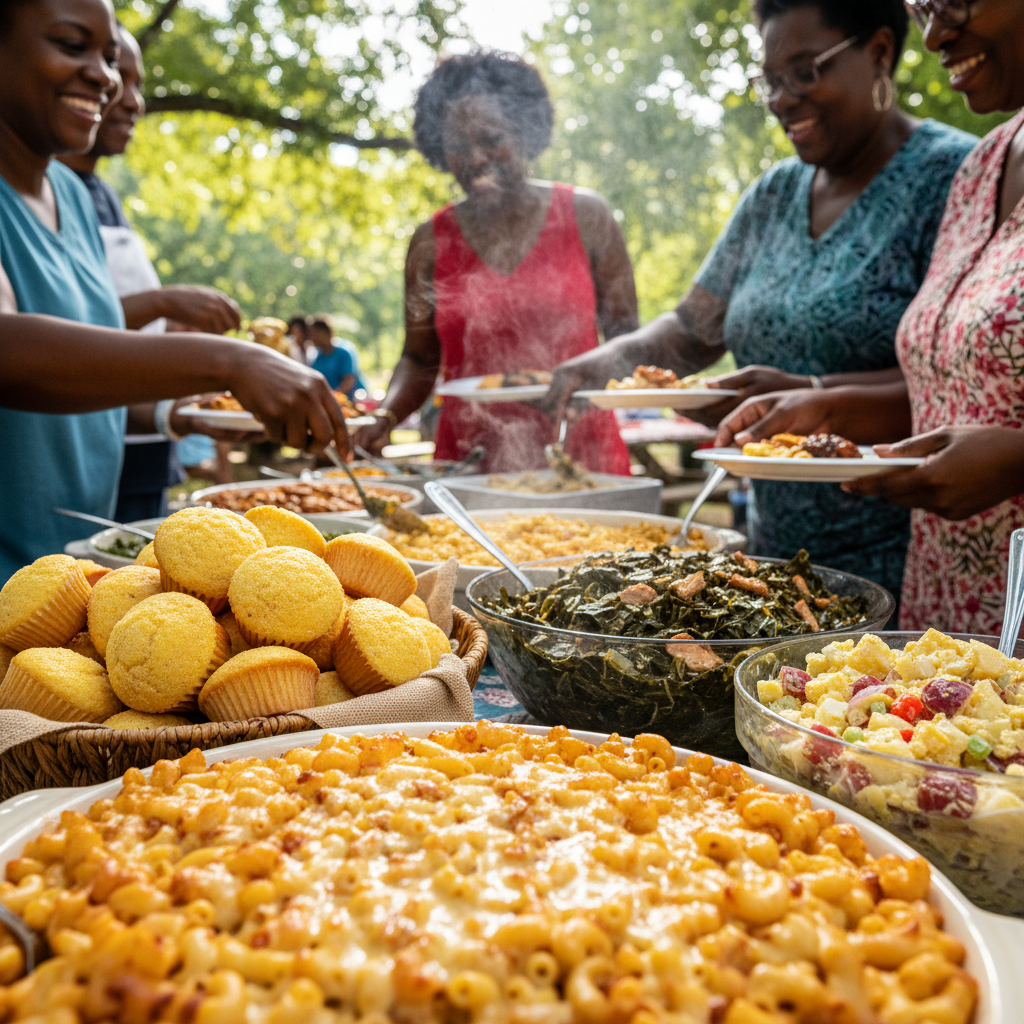 A close-up shot of a buffet table at an outdoor family reunion, featuring a delicious array of Southern BBQ sides: creamy mac and cheese, vibrant collard greens, fluffy cornbread muffins, and a colorful potato salad, with steam gently rising from the hot dishes.