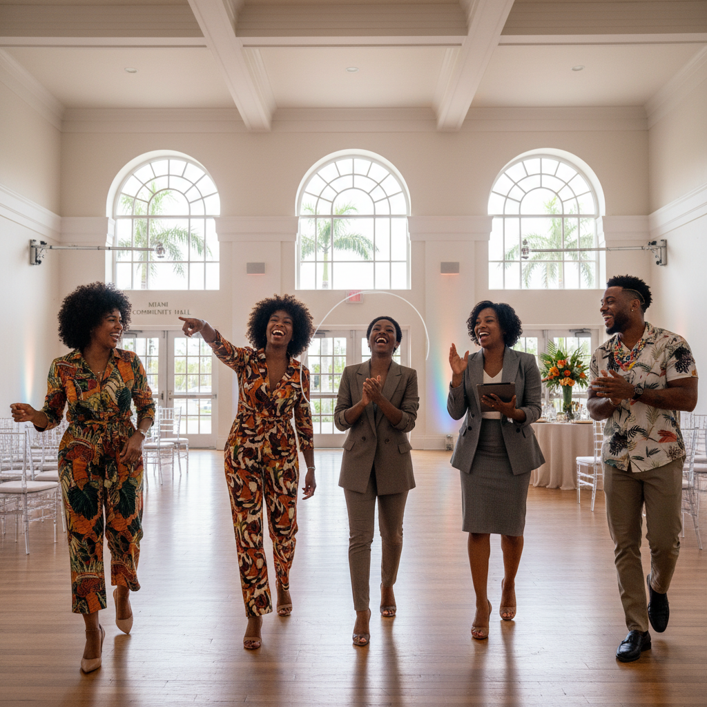 A diverse group of African American and Afro-Caribbean event planners are laughing and gesturing animatedly as they tour a spacious, well-lit community hall in Miami, envisioning event setups. Shot on Canon EOS R5, 35mm lens, natural lighting, editorial photography.