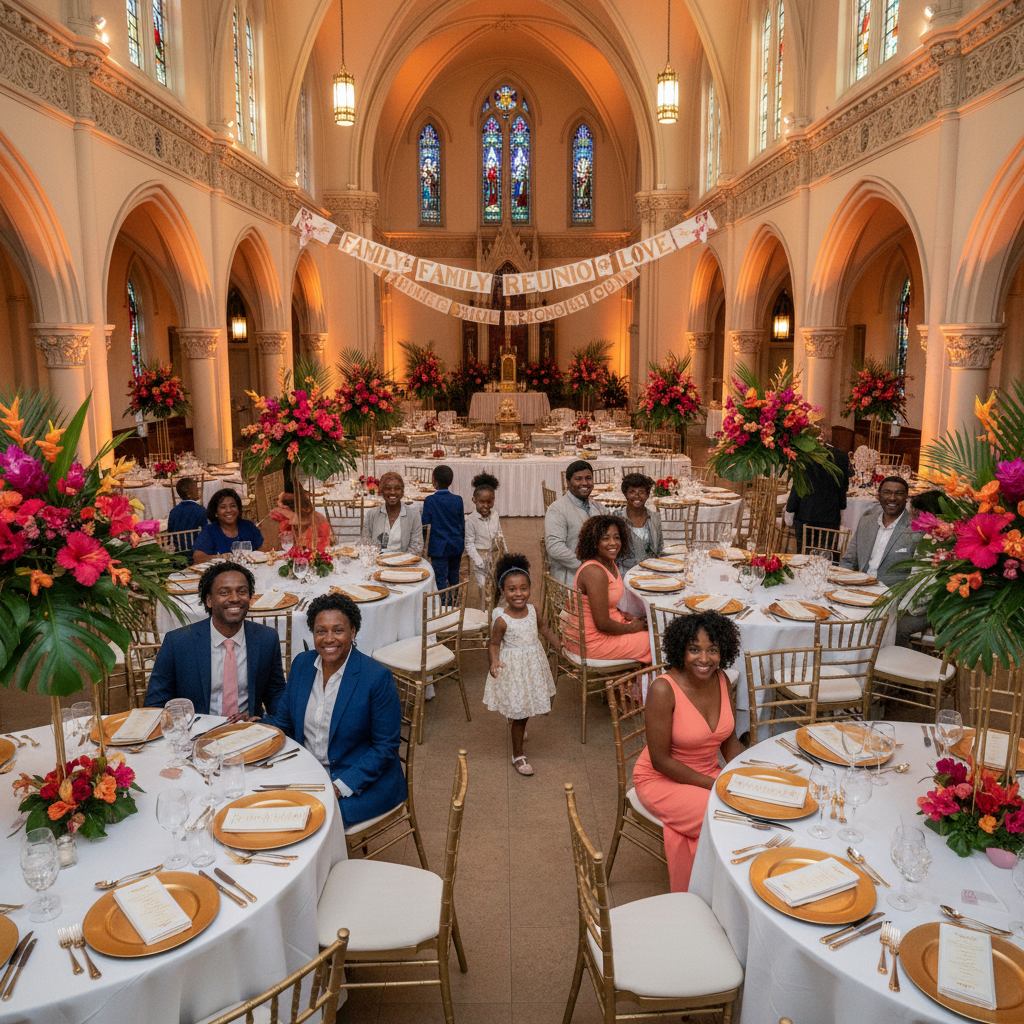 A beautifully decorated church hall in Miami, featuring vibrant floral arrangements, elegant table settings with gold accents, and warm uplighting, ready for a large family celebration. Shot on Canon EOS R5, 35mm lens, natural lighting, editorial photography.