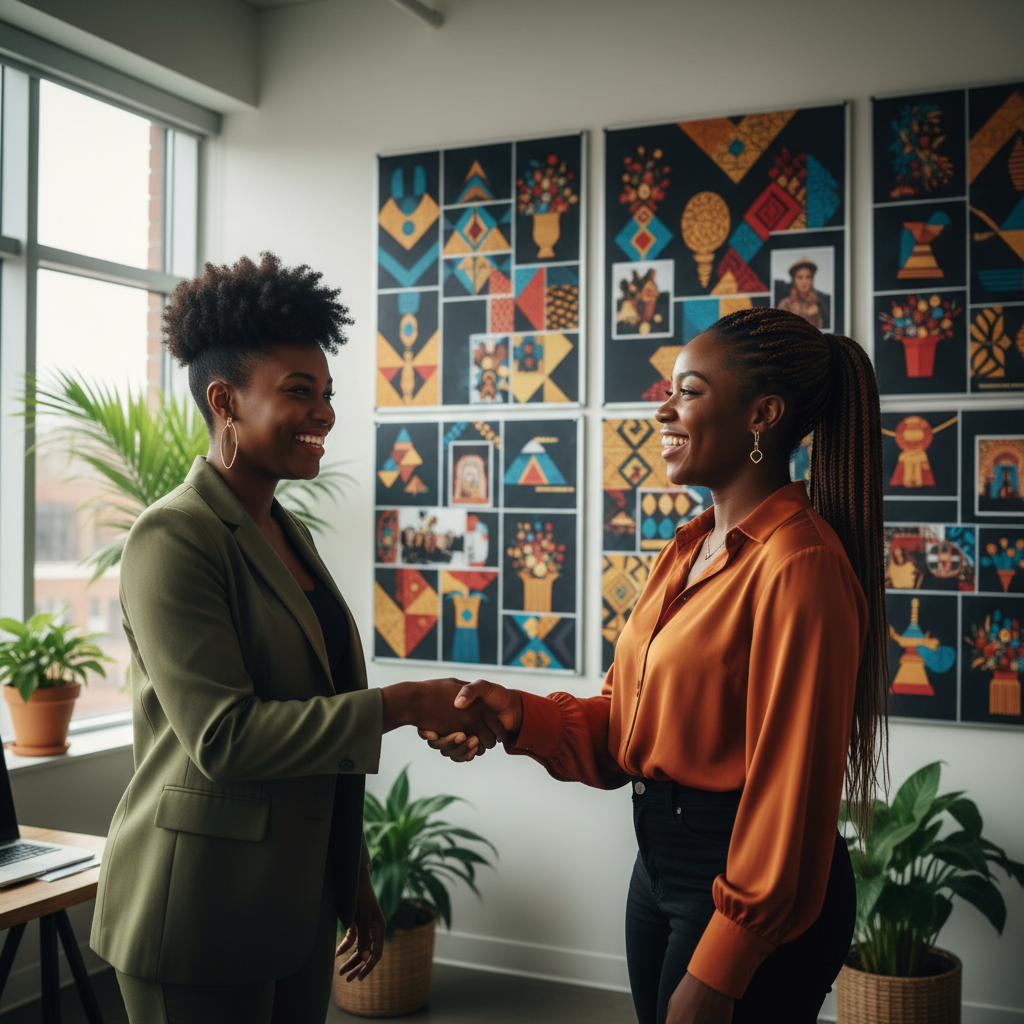 Two Black women, an event planner and a decorator, are smiling and shaking hands in a modern, light-filled office, with large mood boards displaying vibrant Afro-centric event designs on the wall behind them, symbolizing a successful collaboration.