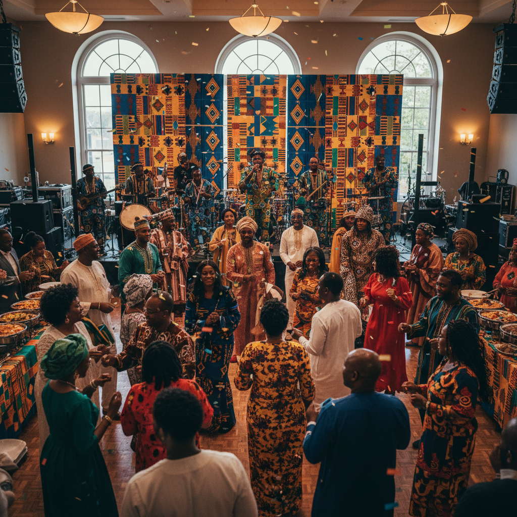 A vibrant indoor African Heritage Night event, with African American and Afro-Caribbean attendees dressed in colorful traditional attire, dancing to live music performed by a band on a stage decorated with kente cloth patterns. Shot on Canon EOS R5, 35mm lens, natural lighting, editorial photography.