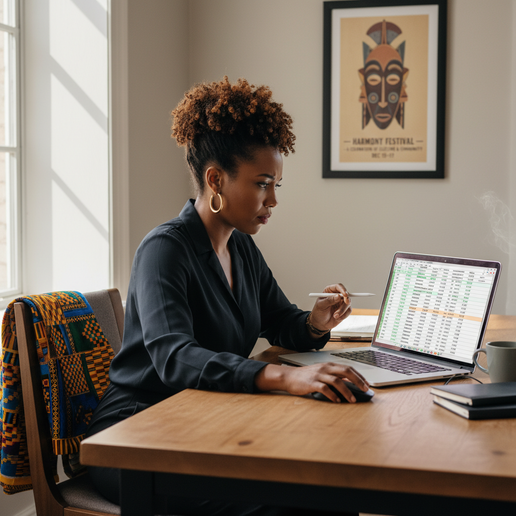 An African American event planner reviewing a detailed budget spreadsheet on a laptop, with cultural textiles and a framed event poster in the background, depicting thoughtful financial management. Shot on Canon EOS R5, 35mm lens, natural lighting, editorial photography.