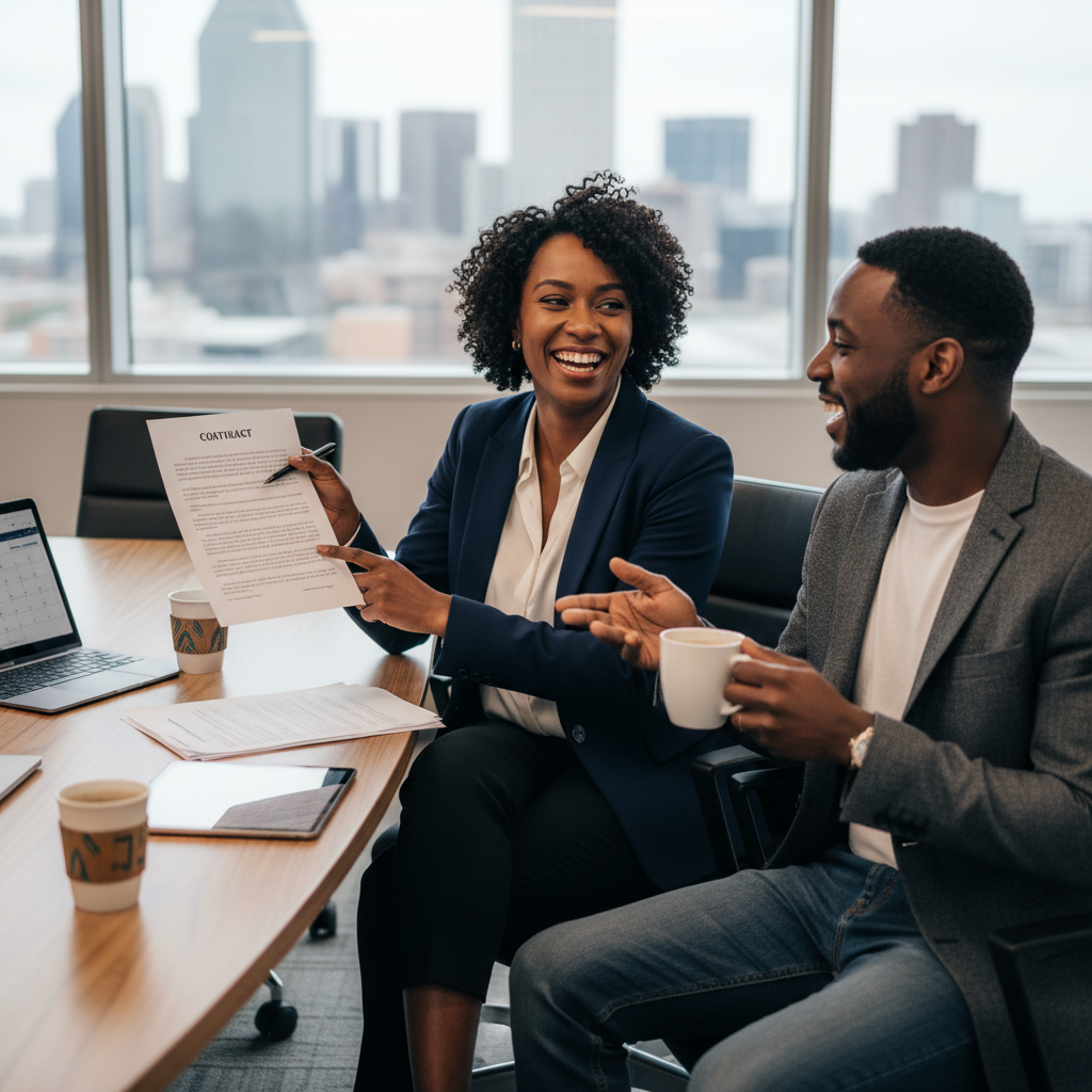 A close-up shot of an African American female event planner, dressed professionally, reviewing a contract and laughing with a comedian at a table in a modern Dallas office space, discussing details for a corporate comedy show. Shot on Canon EOS R5, 35mm lens, natural lighting, editorial photography.